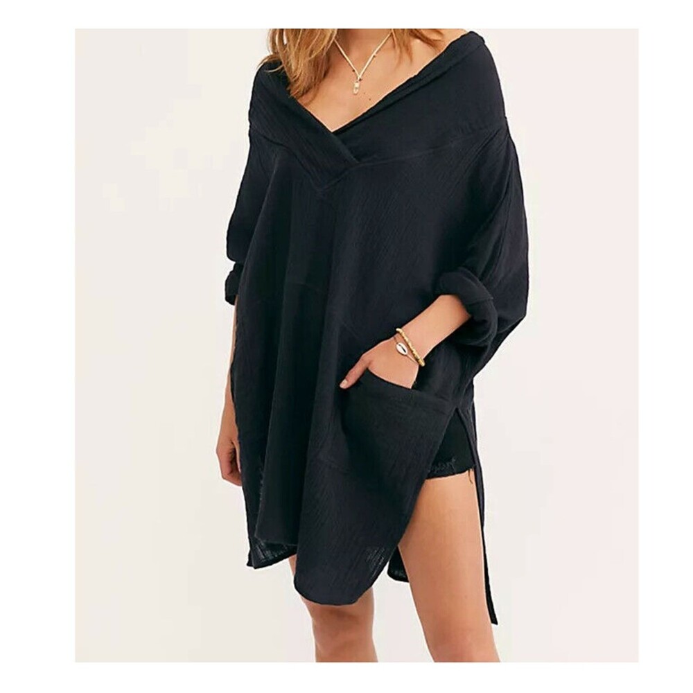 Free People Endless Summer Sandra Tunic Top Oversized V-Neck Black S 269348